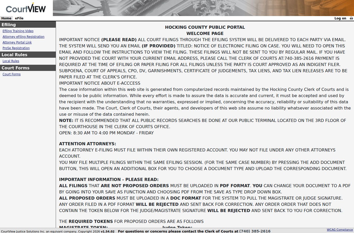 Hocking County case lookup Clerk Internet Inquiry interface