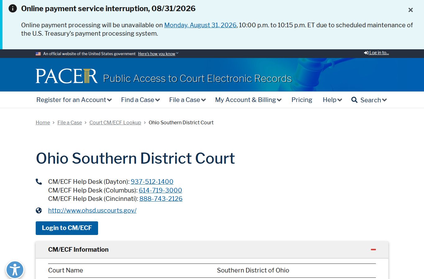 Hocking County case lookup PACER Southern District court source