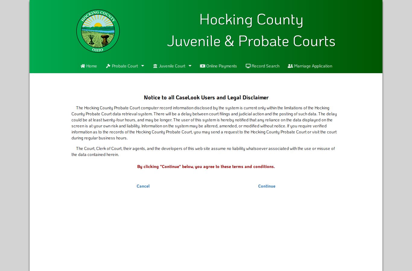 Hocking County case lookup Probate CaseLook delay notice