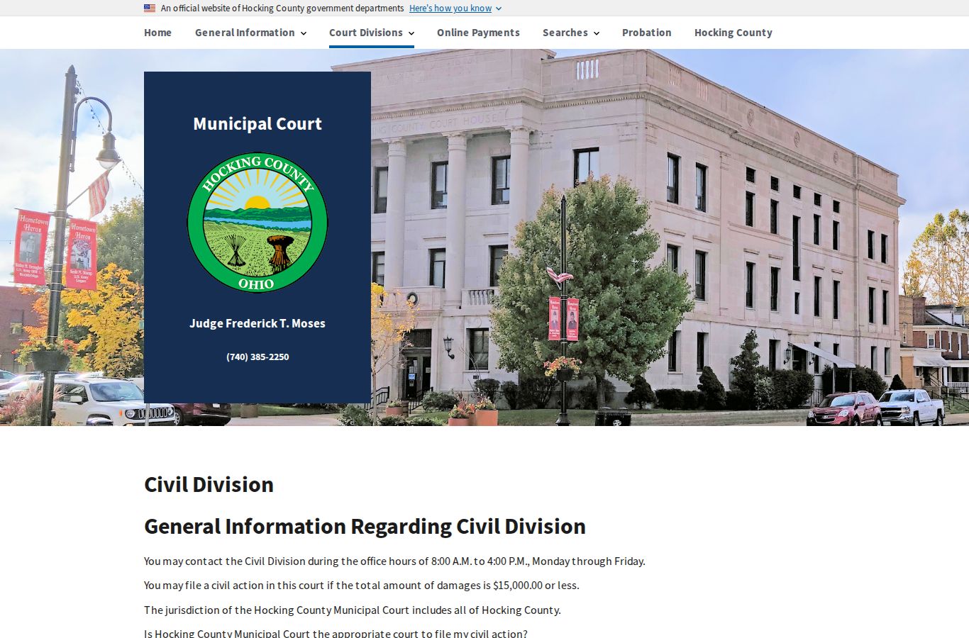 Hocking County civil docket Municipal Civil Division jurisdiction information