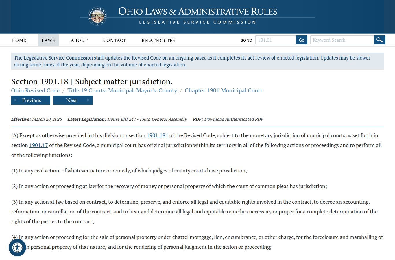 Hocking County civil docket Municipal Court subject-matter jurisdiction law source