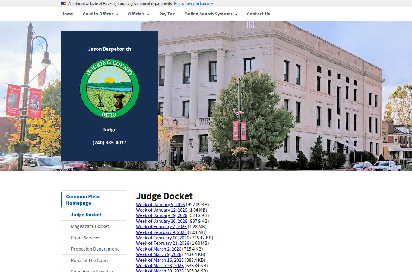 Hocking County court dates on the Common Pleas Judge Docket interface