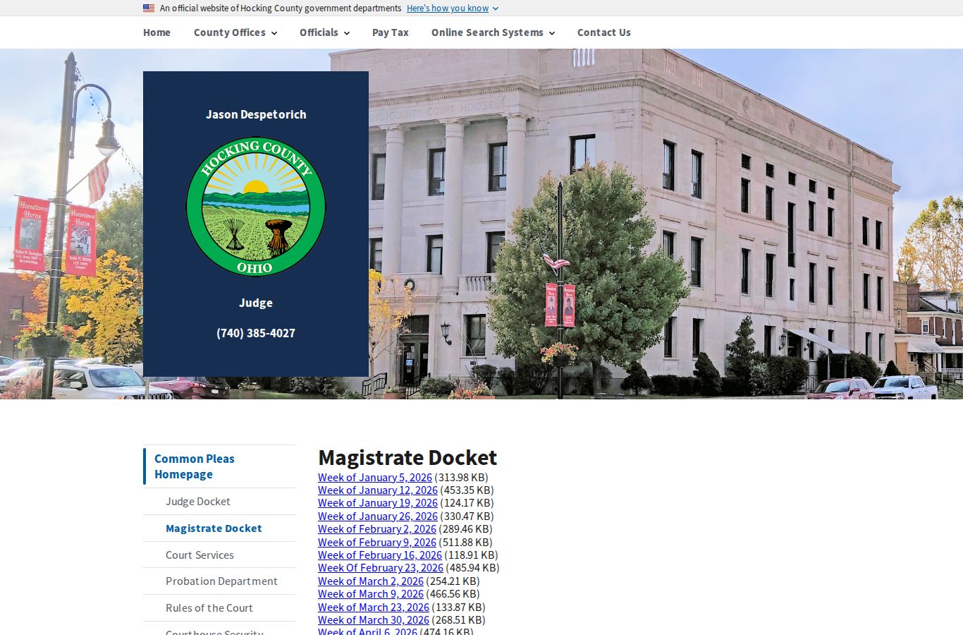 Hocking County court dates on weekly Magistrate Docket PDF downloads