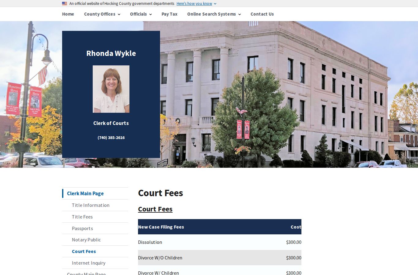 Hocking County court records Common Pleas copy and certification fee page