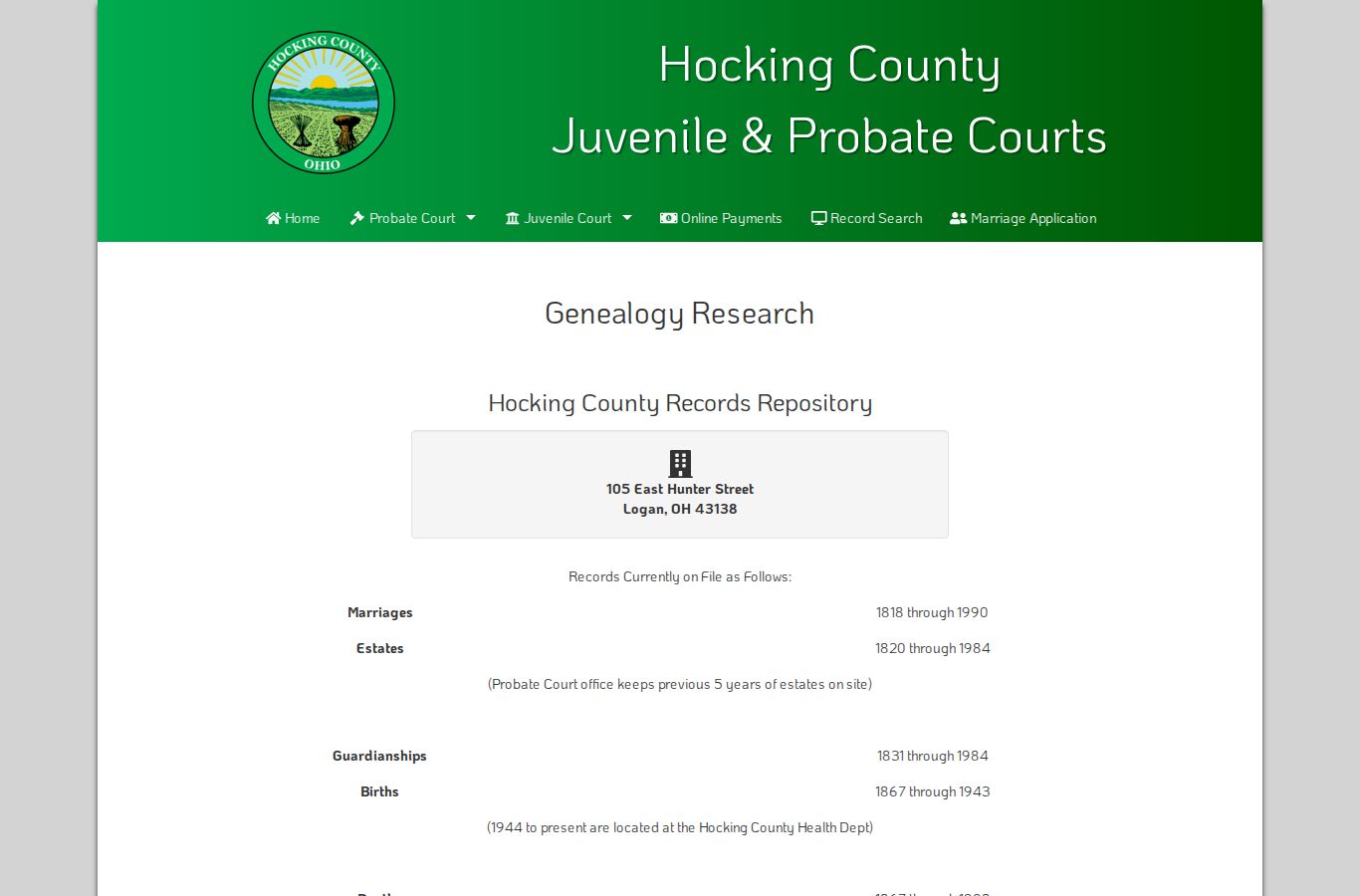 Hocking County court records Probate historical repository information