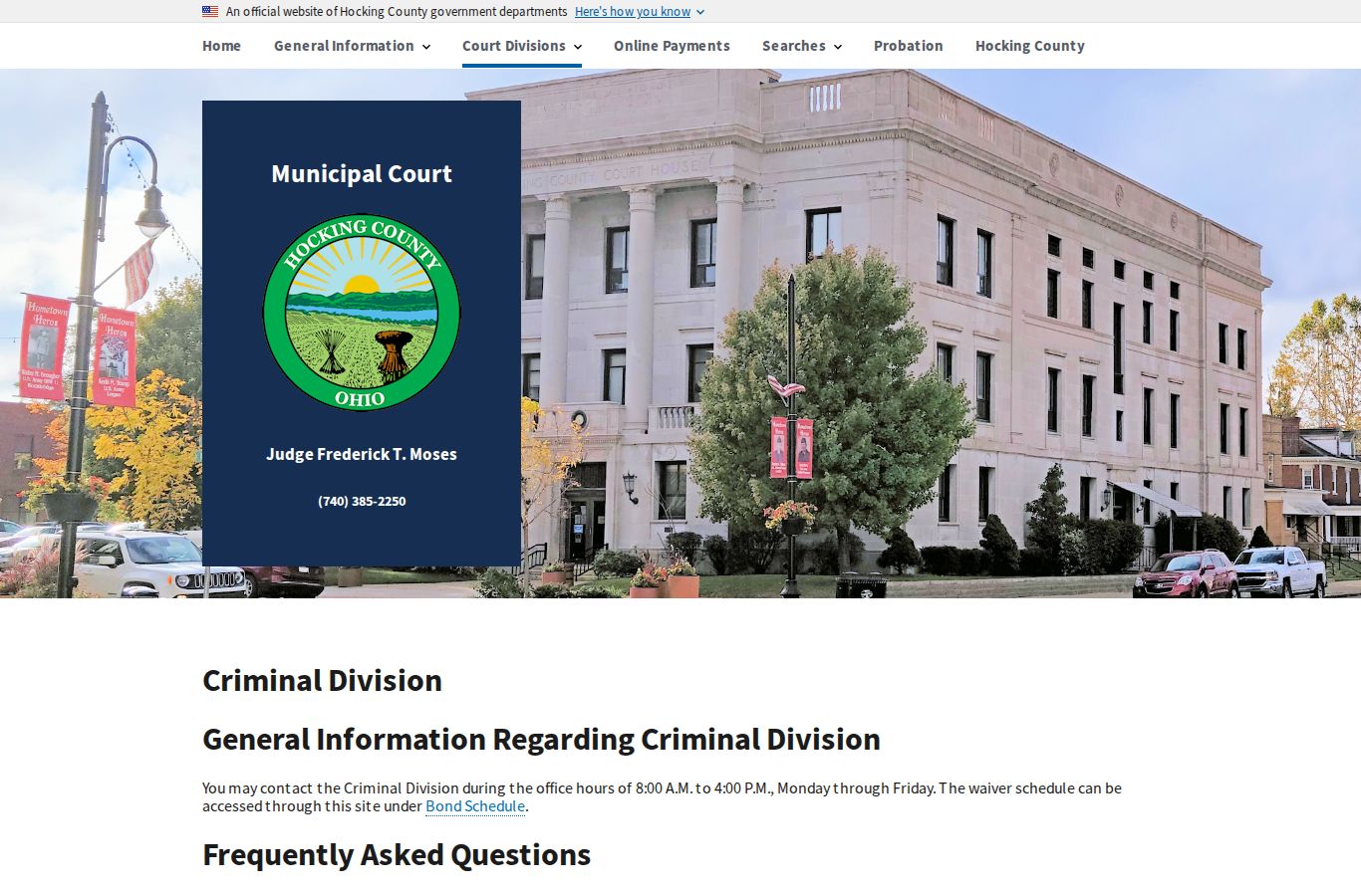 Hocking County criminal docket Municipal Criminal Division hearing information