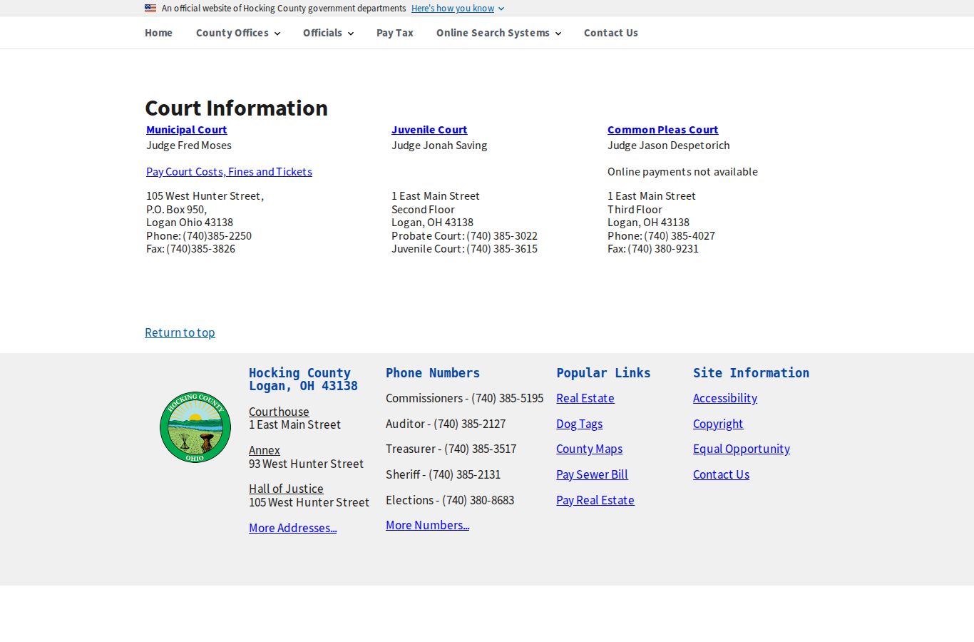 Hocking County court docket court contact comparison